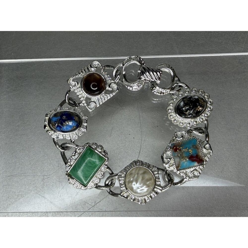 Sarah Coventry Ornate Cabochon Bracelet Silver Tone Vintage Charm Signed